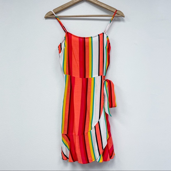 STRIPED SQUARE NECK RUFFLE WRAP MINI DRESS - Picture 3 of 5